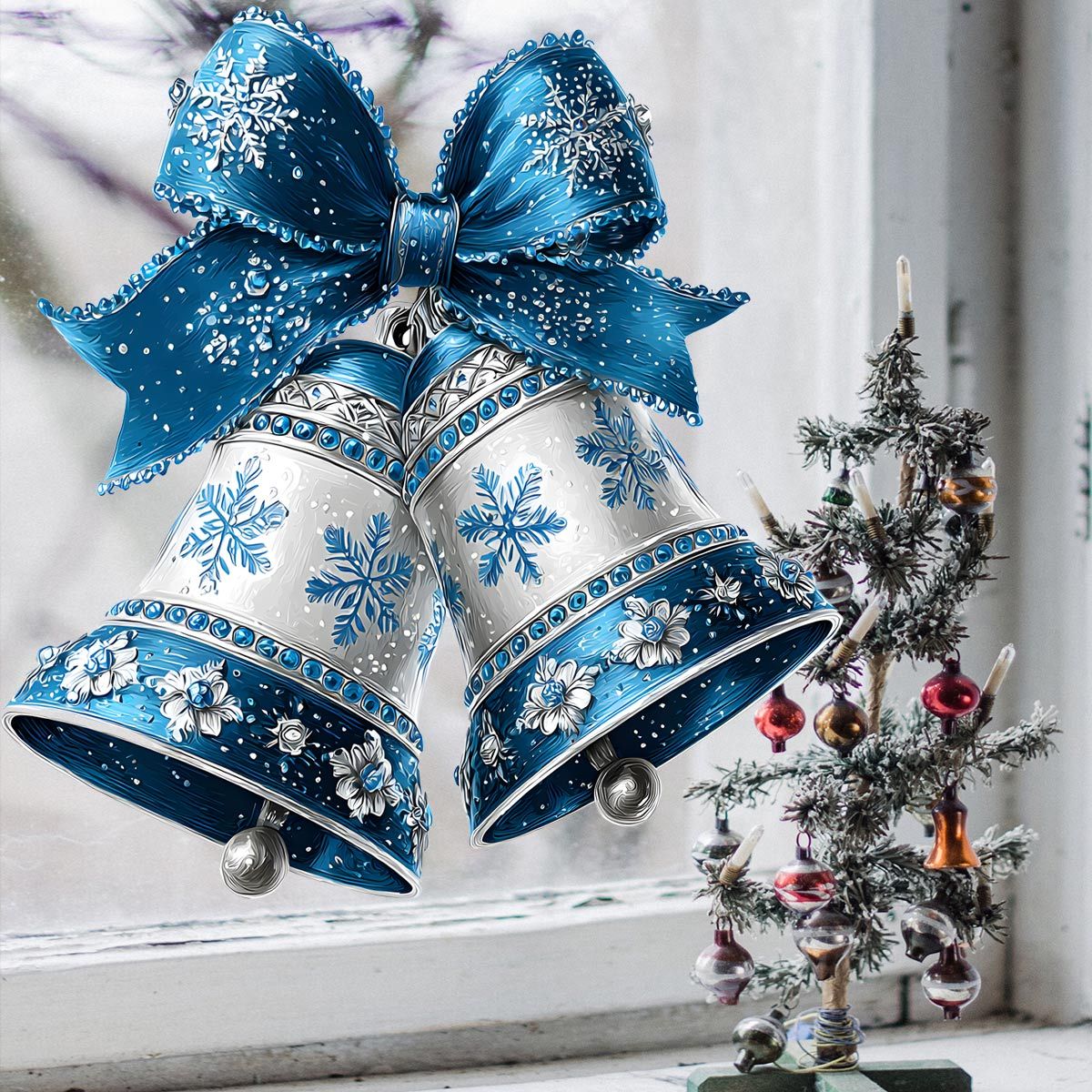 TEMU Autocollants Mini Sapin de Noël Réutilisables à avec Grand Nœud & Cloches - Motif Neige en PVC/Plastique pour Fenêtres, Portes, Décoration pour