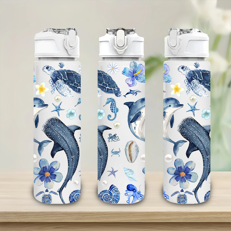 TEMU 1pc Sea Turtle Whale Shark Dolphin, 750ml/26oz Plastic Sports Water Bottle, Cute Printed Design, Leak-proof With Pop-up Lid, Lightweight, Sturdy