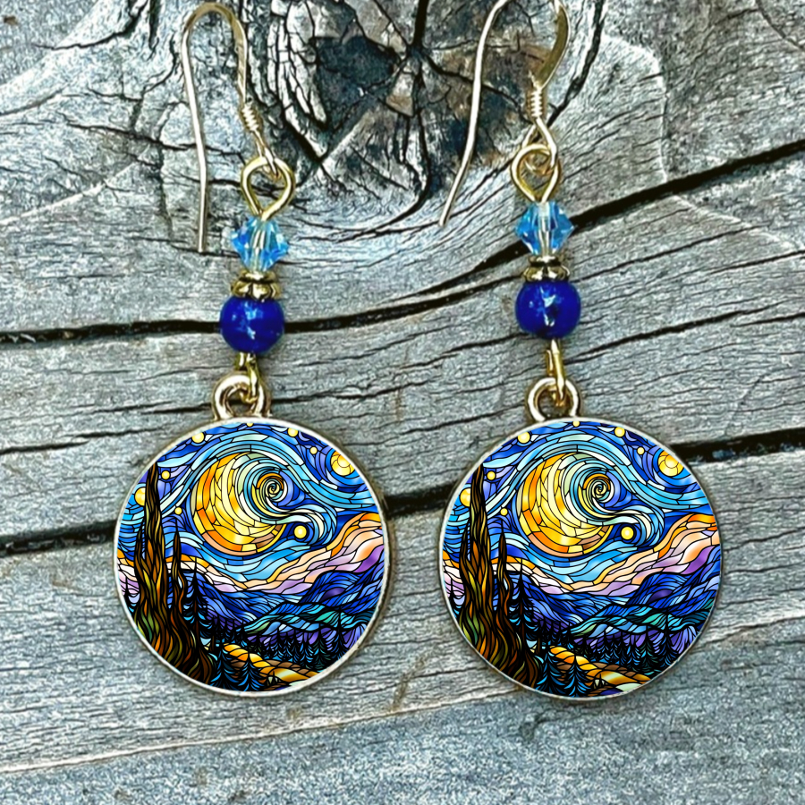 TEMU Unique Jewelry Pieces Including 2pcs Starry Night Earrings, Spiral Sky Earrings, Landscape Earrings, Round Earrings, And Tree Earrings, Perfect