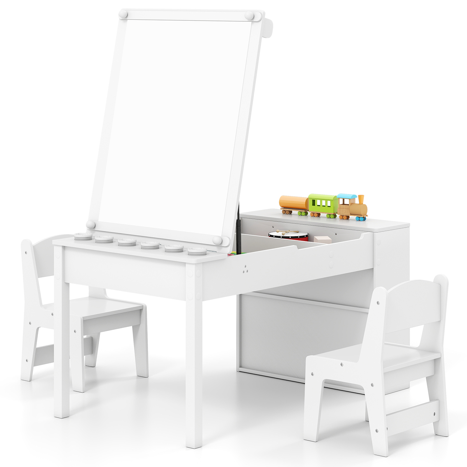 Image of 2-in-1 Kids Art Table And Easel Set W/ Chairs, Multifunctional Kid Wooden Craft Play Study Activity Drawing Storage Desk W/ Tabletop, Paper Roll, 6 Paint Cups & 6 Storage Bins, White