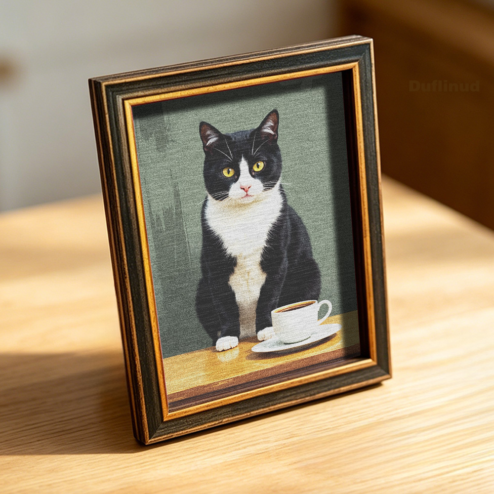TEMU Cute Black And White Cat Fridge Magnet, Mini, Micro Decorative Painting Of A Black And White Cat Sitting And Tasting Coffee, Wooden Fridge