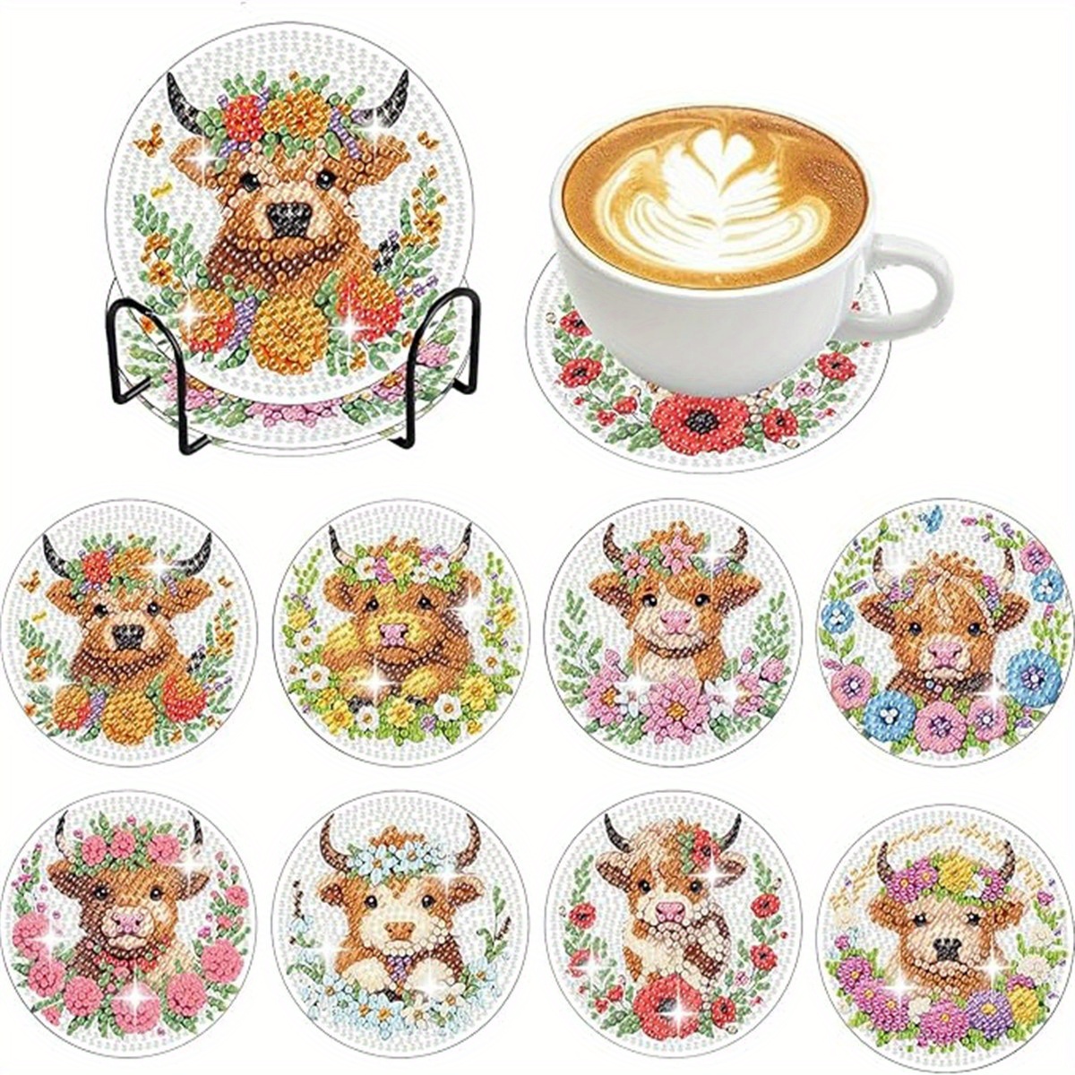 TEMU Ensemble de 8 Sous-verres Ronds pour Peinture au Diamant - Motif Vache avec Support, Kit d'Artisanat de Scintillants DIY, Adapté aux Adultes et