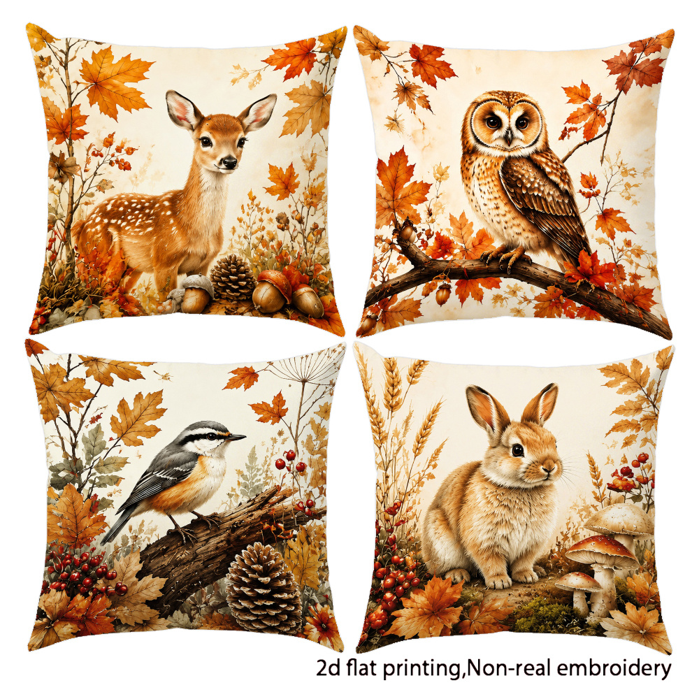 TEMU 4pcs Vintage Watercolor Deer, Owl, Rabbit, Bird, And Maple Leaf Autumn Thanksgiving Themed Decorative Printed Pillowcases, 2d Flat Printing,