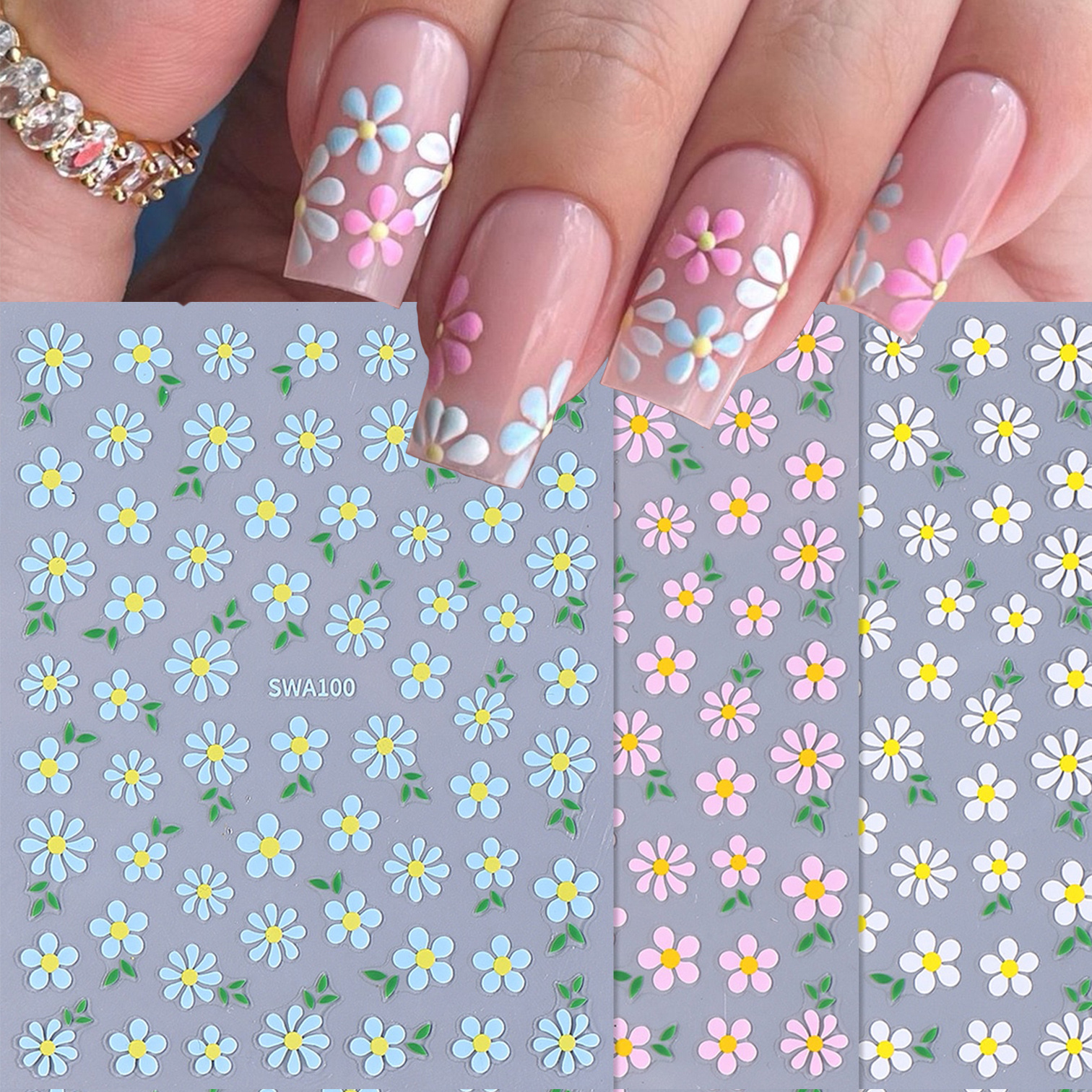 3pcs Daisy Flower Nail Stickers Daisy Petals Floral Spring Summer Self-adhesive Gel Polish Decal Sliders Nail Art Decoration Nail Supplies