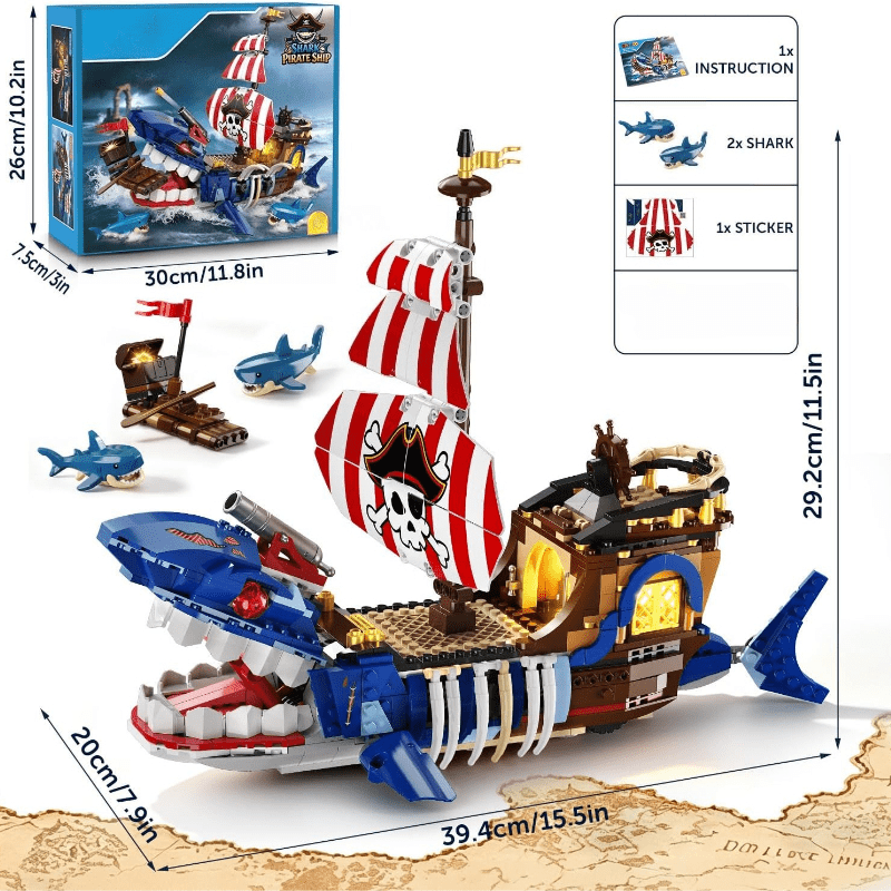 Image of Technik Shark Pirate Ship Construction Kit For 8-year-old Boys | 887pcs Moving Pirate Boat Construction Set Shark Toy Set Shark Mouth Gs Gift For Children Girls