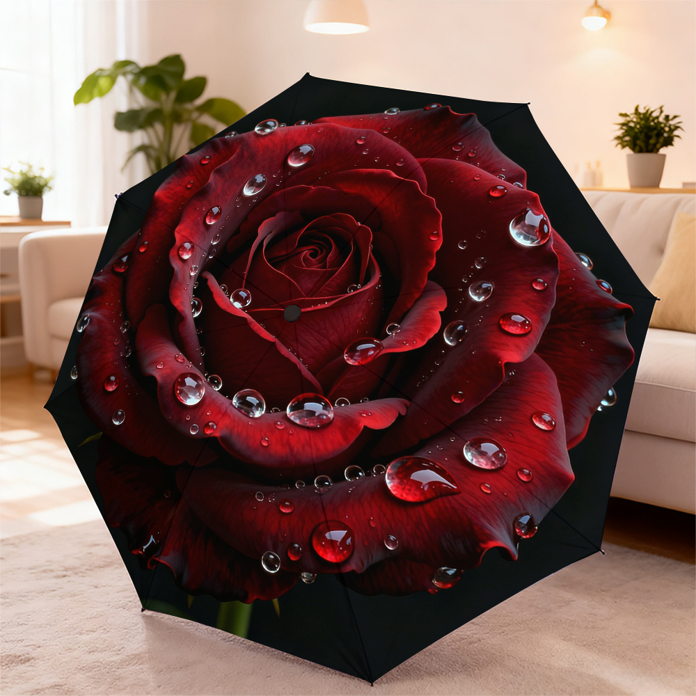 Image of 1pc Automatic Umbrella, With Red Rose And Dewdrop Pattern, 8pcs Reinforced Ribs, Durable And Foldable, Personalized Gift For Commuting, Travel, And Daily Use