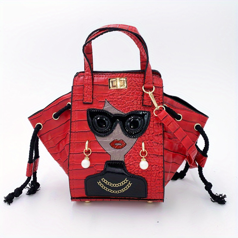 Image of Chic Cartoon Tote Bag For Women - Luxury With Stone Pattern, Accents & Fringe Detail - In Royal Blue, Grey, Pink, Black