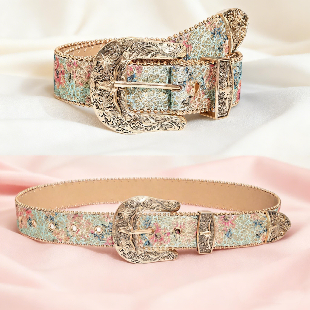 E-shop Damen Leichter Luxus Palaststil Metallverschluss Hellfarbener Druck Bohemian Gürtel, Mehrfarbiger Blumenmuster Kleidungsaccessoire Gürtel,