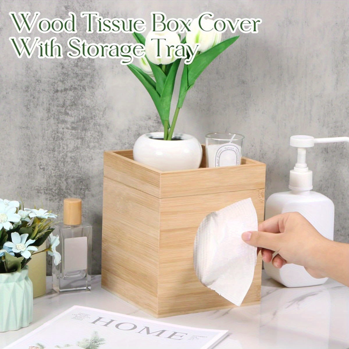 bamboo tissue box cover with storage tray square 6 x6 x7 4 durable plastic holder for bathroom bedroom office tabletop high quality easy   bathroom organizer   smooth texture Product details 3