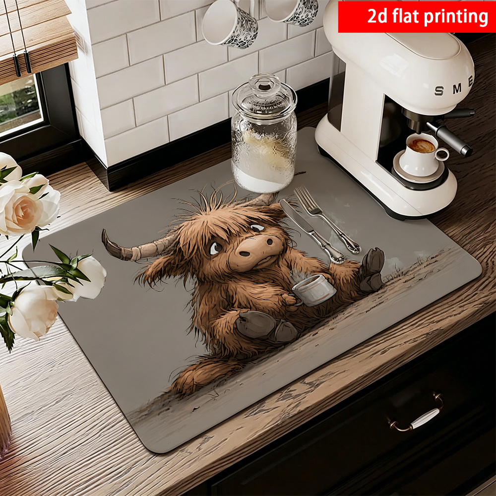 TEMU 2d Flat Printing, 1pc, Scottish Highland Cow Printed Dish Drying Mat/absorbent Placemat, Non-slip Rubber Backing, Featuring A Red-brown Scottish