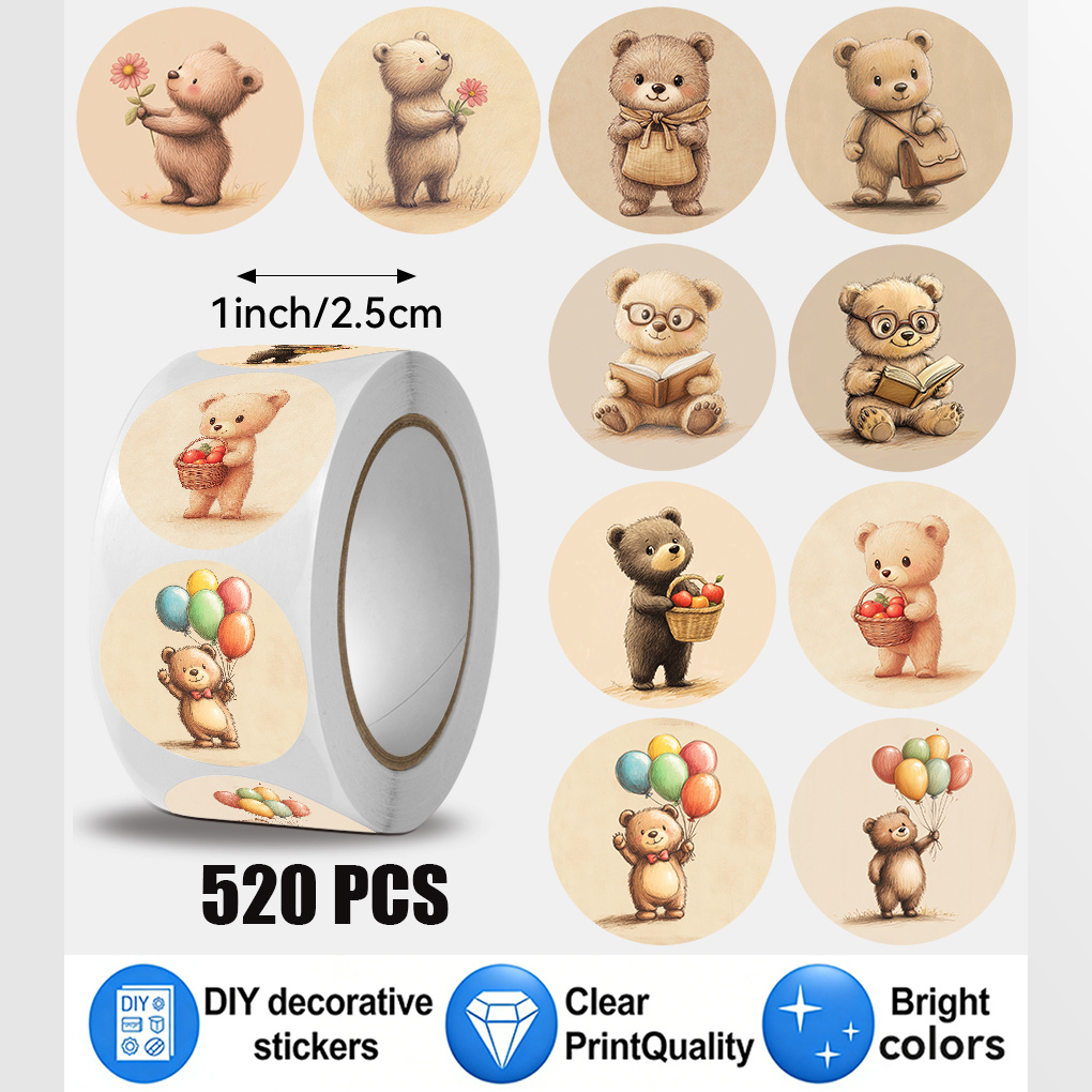 Image of 520pcs, Decorative Stickers, Little Bear Holding Balloon Pattern, Christmas Gift Packaging Sealing, Retro Album And Storage Jar Box Decoration