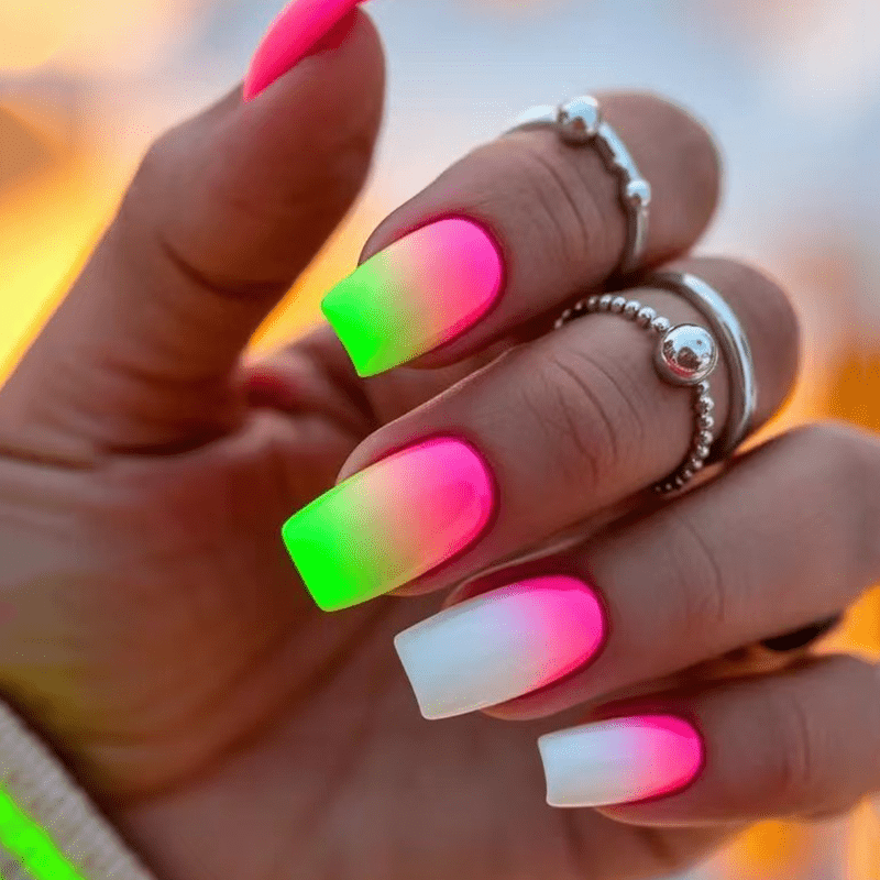 48pcs Of Neon Pink And Green Ombre Square Press-on Nails, Featuring A Glossy White And Pink Gradient, Perfect For Vibrant Nail Extensions Suitable For Women's Parties And Beach