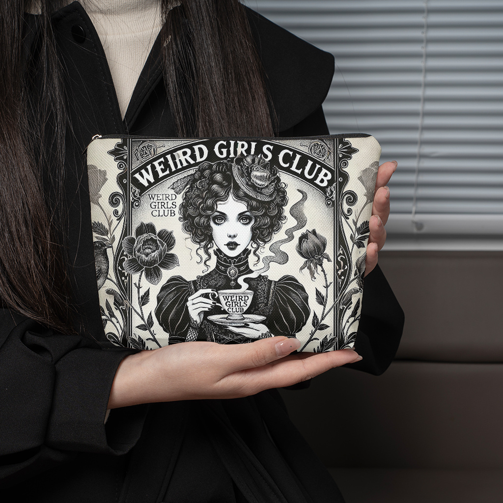 TEMU Gothic Victorian Teacup Ladies Design Makeup Bag - A Stylish Black And White Floral Pattern Storage Bag With A Zipper, Perfect For Travel. This