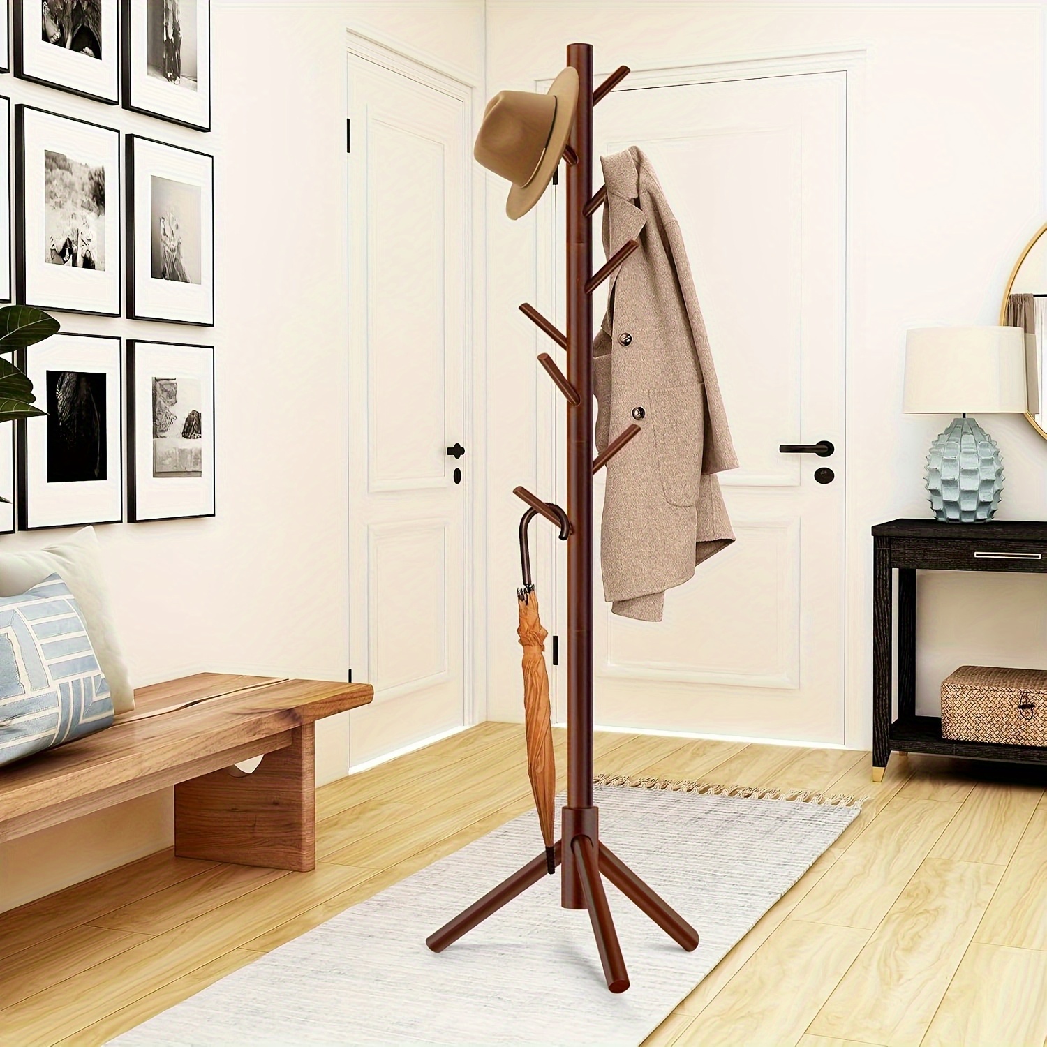 freestanding wooden coat rack 8 hooks 3 adjustable levels - Temu