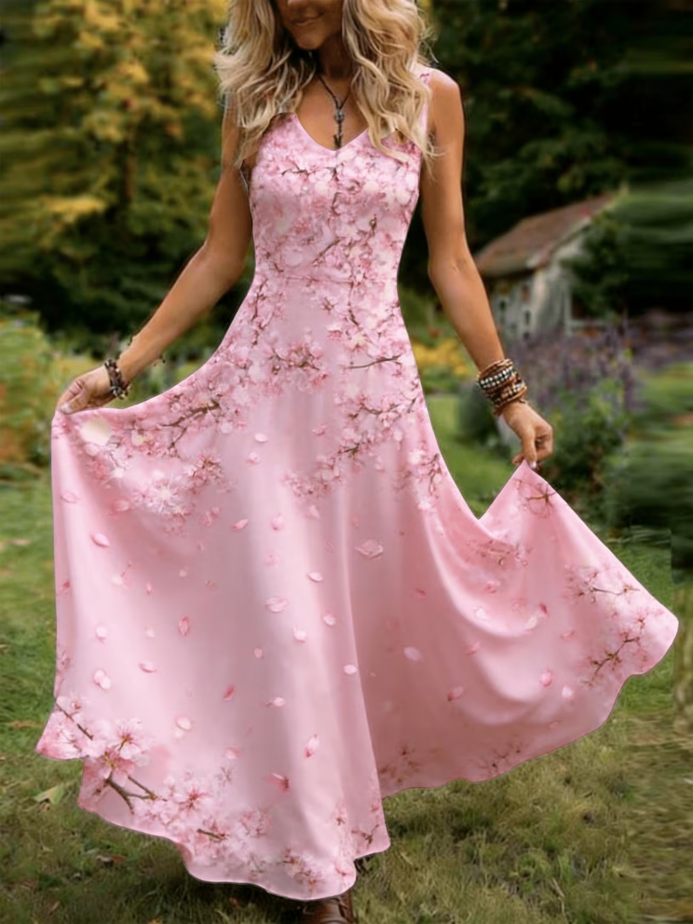 tulle vs chiffon bridesmaid dresses Plunging Neck Tiered Ruffles Beach Print Gown Color:Nave Blue Halter neckline Built loop-ae-079 Blue Hawaiian Dress -