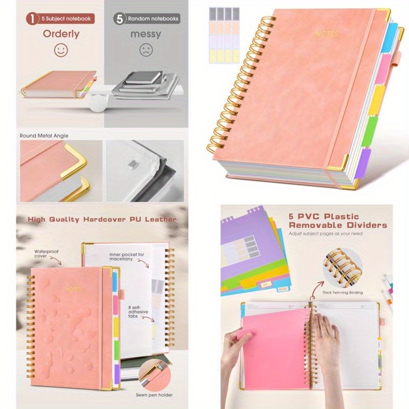 

Premium Pink Leather 5- Spiral Notebook - 300 Pages, College Ruled, Waterproof & With Removable Dividers, Metal Corner Protectors & Pen Holder - Ideal For Work, School & Personal Journaling