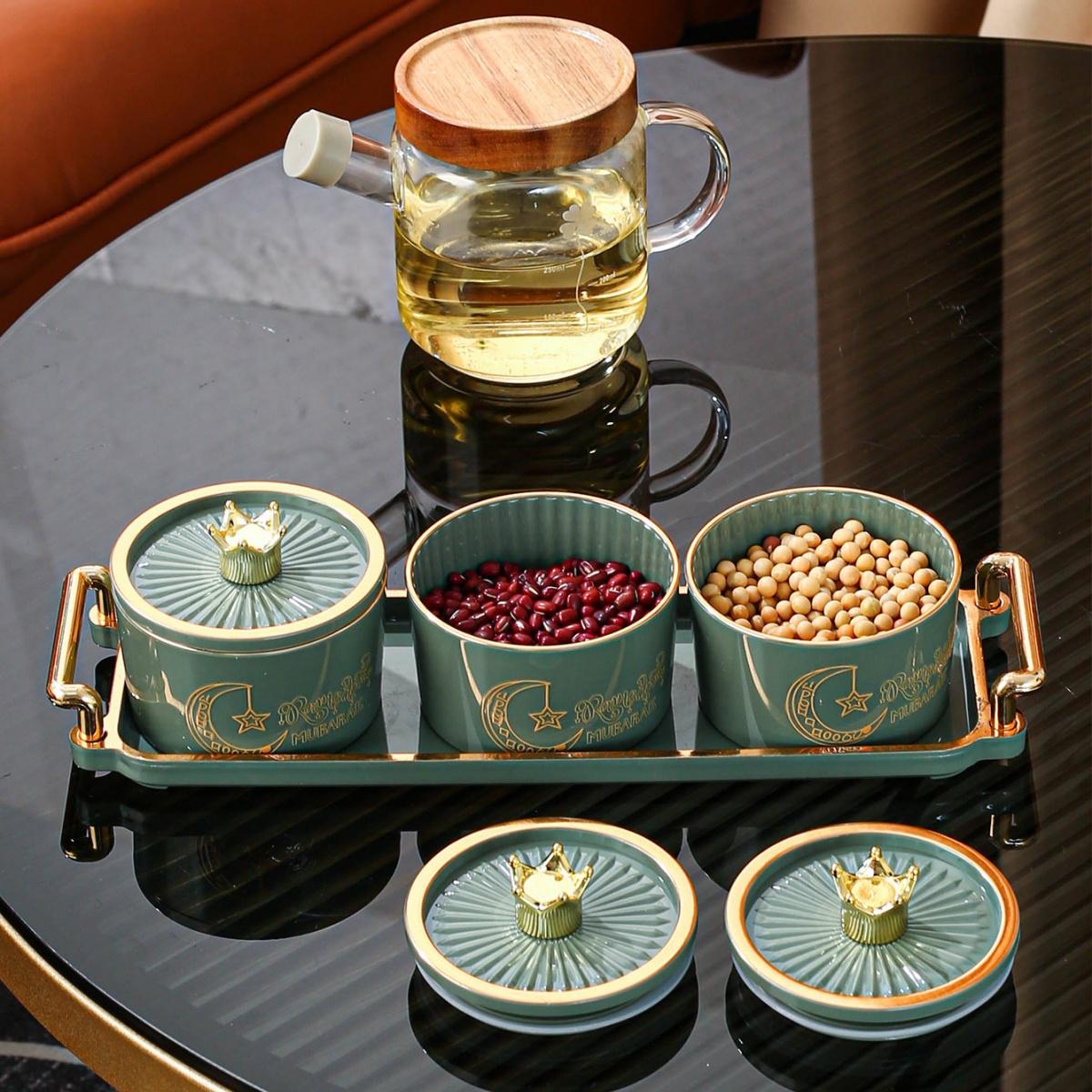 4pcs Set of 3 Jars and 1 Tray: , Star, Moon, and Lantern Plastic Spice Jars with Holders. Christmas Decorations for Home, Stocking Stuffers. Ideal for Home, Dining Room, Living Room, Kitchen Storage. Spice Containers, Food Storage Jars, Sugar Jars