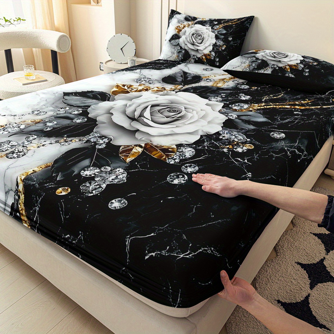 TEMU 3pcs Marble Flowers, Roses Printed Fitted Sheet Set, Mattress Cover, Twin Mattress Protector, Fashion Style Bedding Set, Polyester Machine