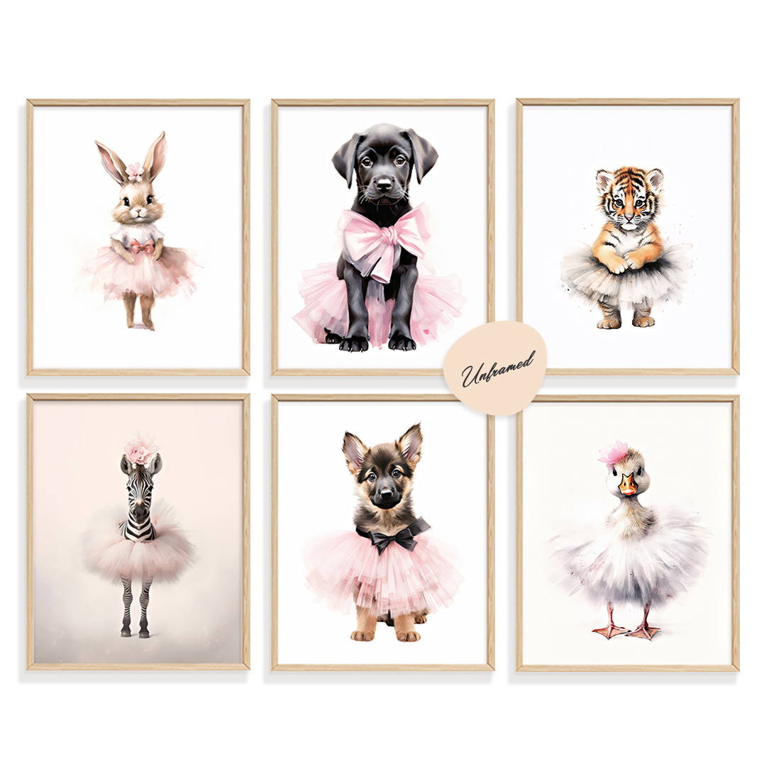 TEMU Unframed 6pcs Zebra Nursery Poster, Cute Pink Dress, Nursery Wall Art, Nursery Decor, Nursery Poster, Bunny Nursery Art, Ballet , Suitable For