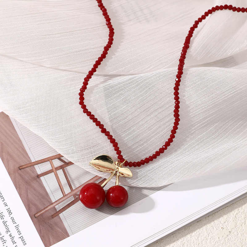 

1pc Creative Fashion Vintage Cherry Beaded Pendant Necklace Ladies Sister Jewelry Gift Suitable For Parties Wear Red Jewelry