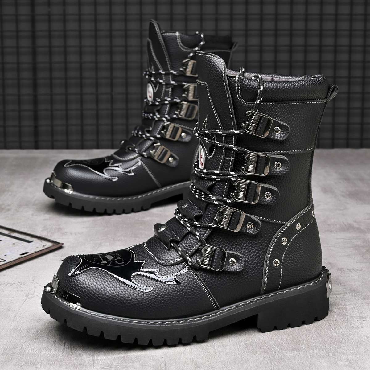 mens punk rock style calf boots multiple metal - Temu Oman