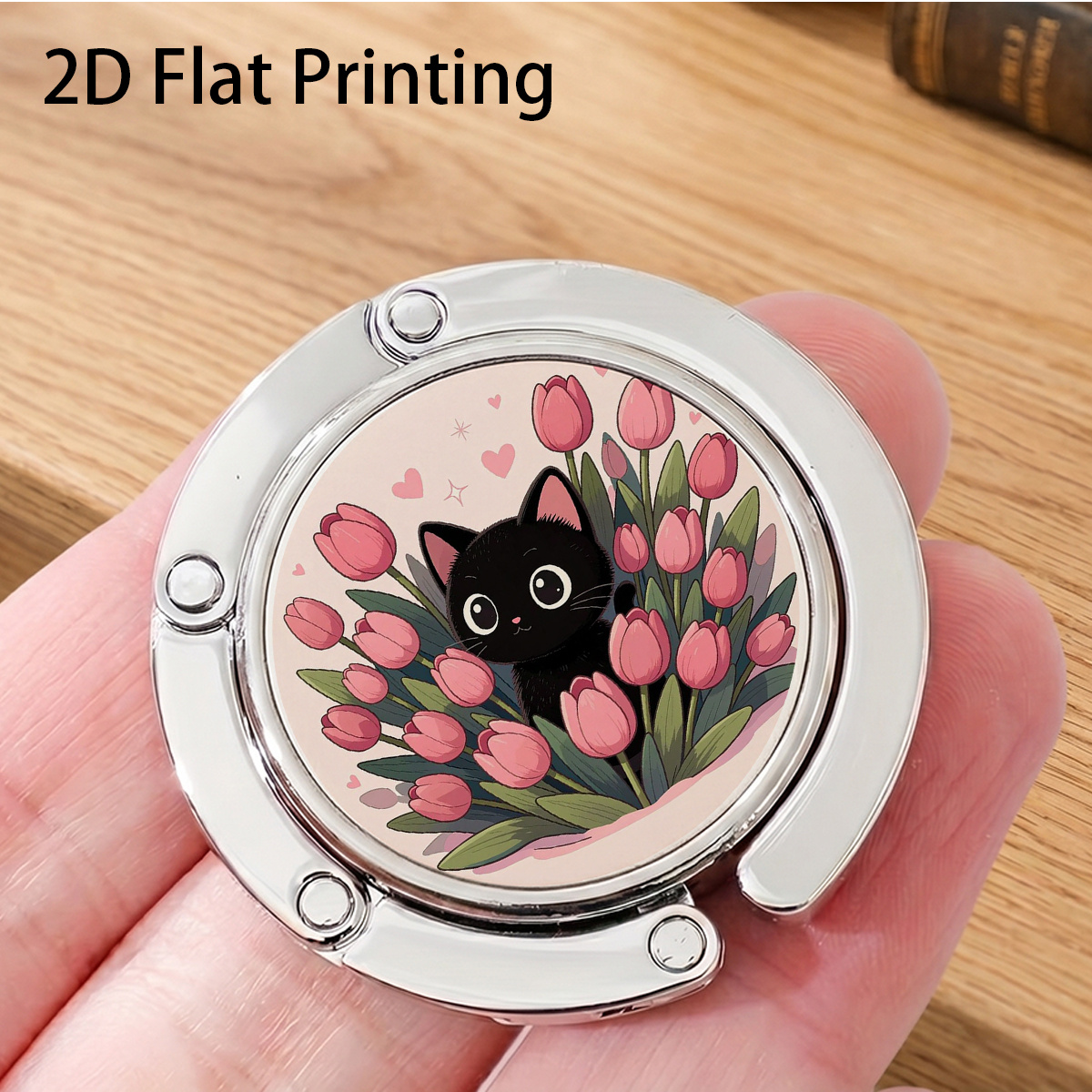 TEMU 1pc Pink Tulip Heart Little Black Cat Cartoon Pattern Silvery Round Folding Hook For Hanging Bags On Tables, Shelves, Or Car Seats, Universal