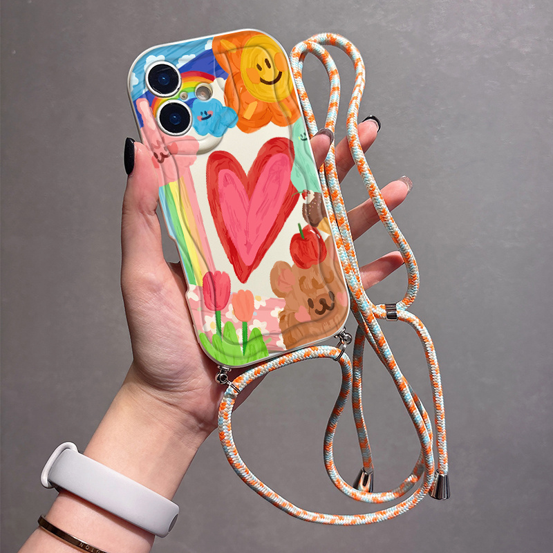 TEMU Phone Case - A Unique Phone Case Featuring A Colorful Oil Painting Design, Complete With An Adjustable Retractable Lanyard, Suitable For Iphone