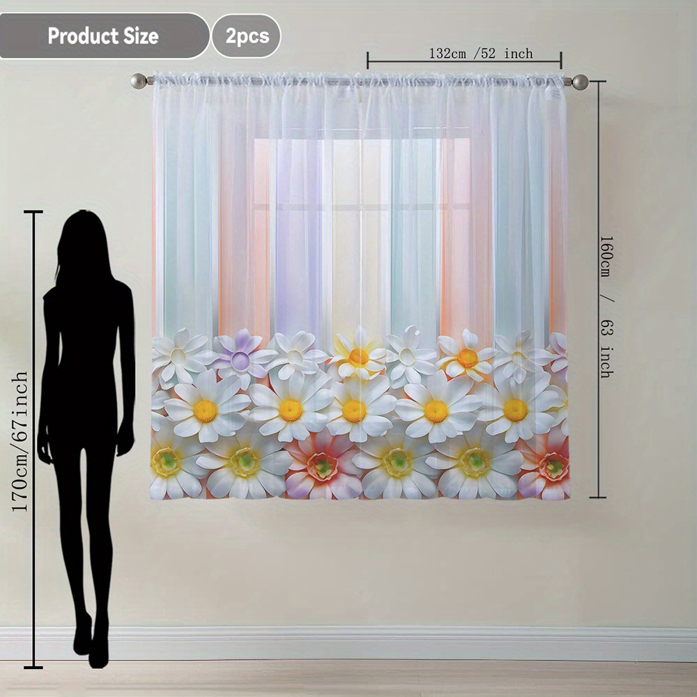 TEMU 2pcs Colorful Curtain With A Delicate Daisy Design, Printed For Home Decor. Flowing Window Sheer Suitable For Kitchens, Cafes, Dining Rooms, ,