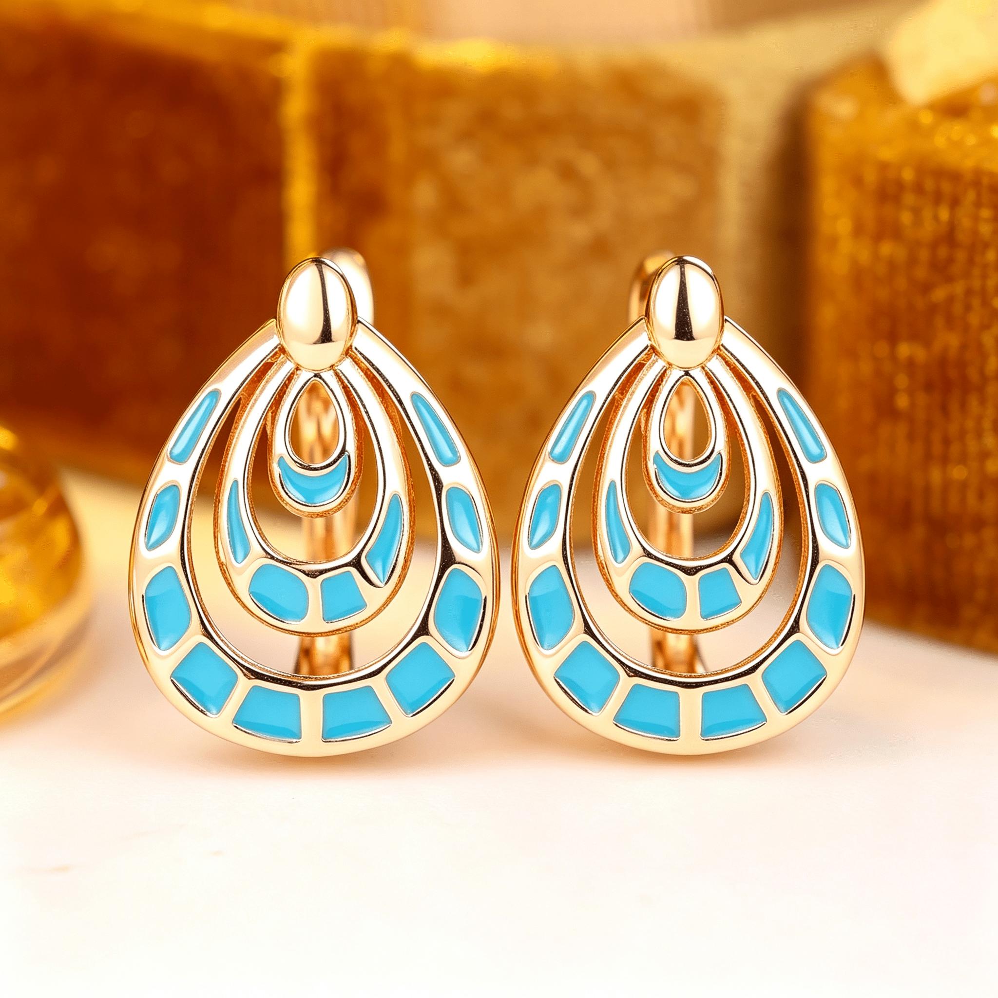 Golden Multi-Layer Water Drop Hollow Synthetic Turquoise Ear Studs