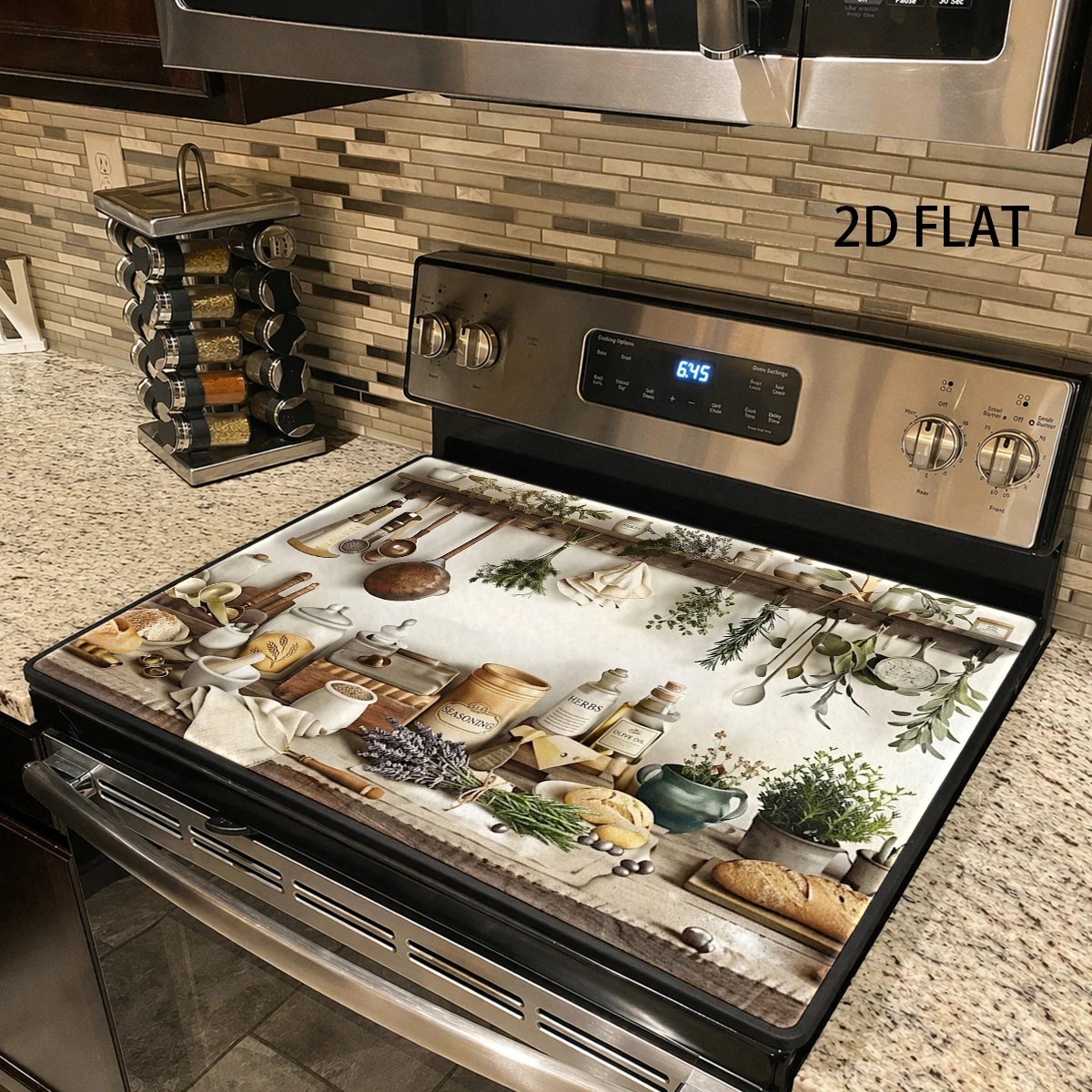 TEMU Tapis de protection pour cuisinière à motif vintage de cuisine campagnarde avec herbes et ustensiles de cuisine, résistant à la chaleur et à l',