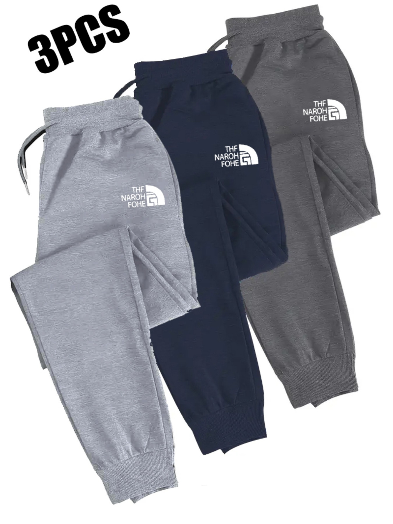 3pcs Men'S Casual Joggers with Elastic Drawstring Waist & Cuffed Ankles - 100% Polyester Knit, Loose Fit Print Athletic Pants for Gym, Running, All-Season Comfort (Grey/Navy/)