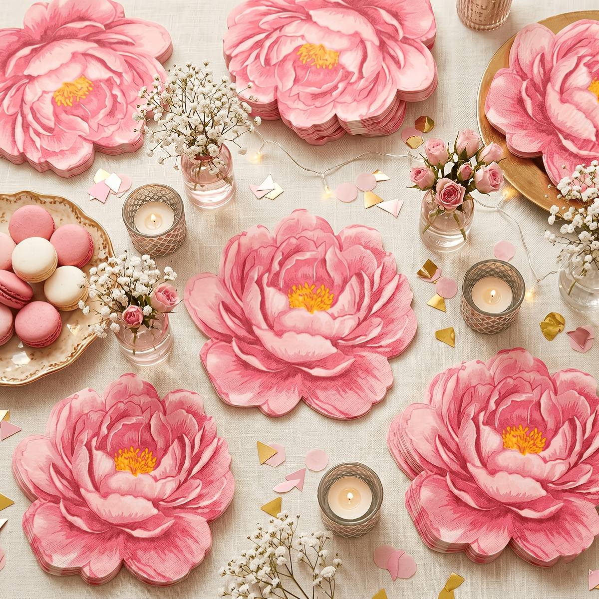 TEMU 10pcs Pink -shaped Disposable Paper Napkins, Floral Decorative Everyday Napkins, Suitable For Weddings, Bridal Showers, , And Birthday Table