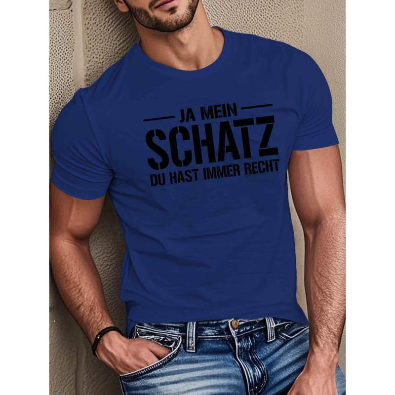 

Men's Casual Crew Neck T-shirt, 100% Polyester Knit Fabric, Regular Fit, Geometric Pattern, Short Sleeve Tee With Humorous German Quote For Summer