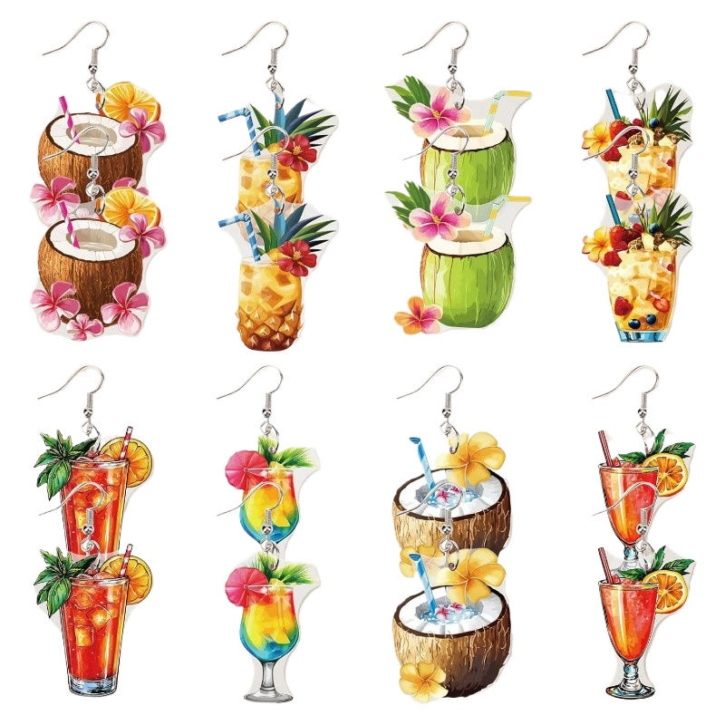 TEMU 8 Pairs Of Bohemian Coconut Hawaiian Cocktail Glass Earrings, Wine Glass Shaped Pendant Women's Earrings, Summer Beach Acrylic Pendant Earrings,