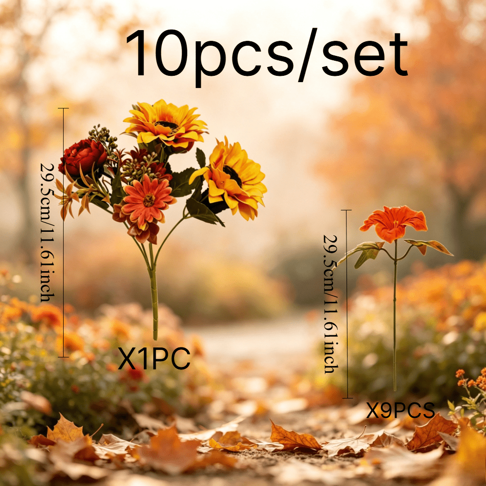 TEMU 10pcs Autumn Warm Artificial Flower Bouquet, Outdoor Artificial Flowers, Mixed Sunflowers, Peonies, Morning , Marigolds, Autumn Faux Flower