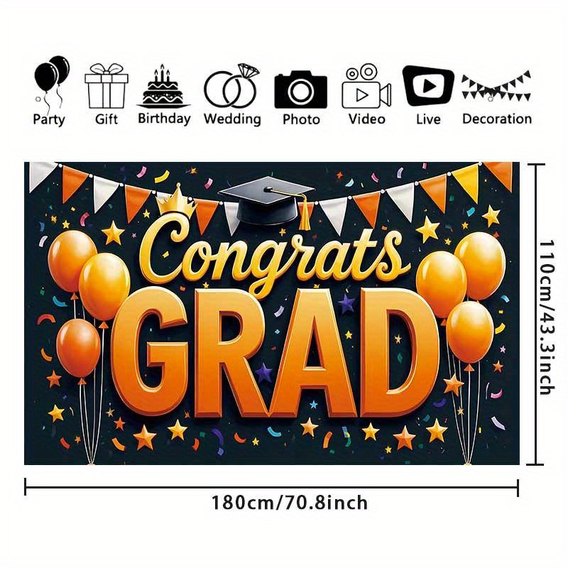 TEMU 1pc Graduation Banner With Caps, Balloons & - Black And Orange Polyester Flag For Graduation Celebrations, Outdoor Decor For Grads, Graduation