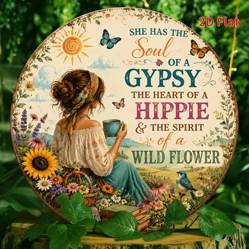 TEMU 2d Flat, Decorative Sign 2d Flat, 1pc 7.87x7.87inch- Soul Of A Gypsy Hippie Metal Aluminum Plaque, Boho Floral Decorative Sign, Sunflower Wall