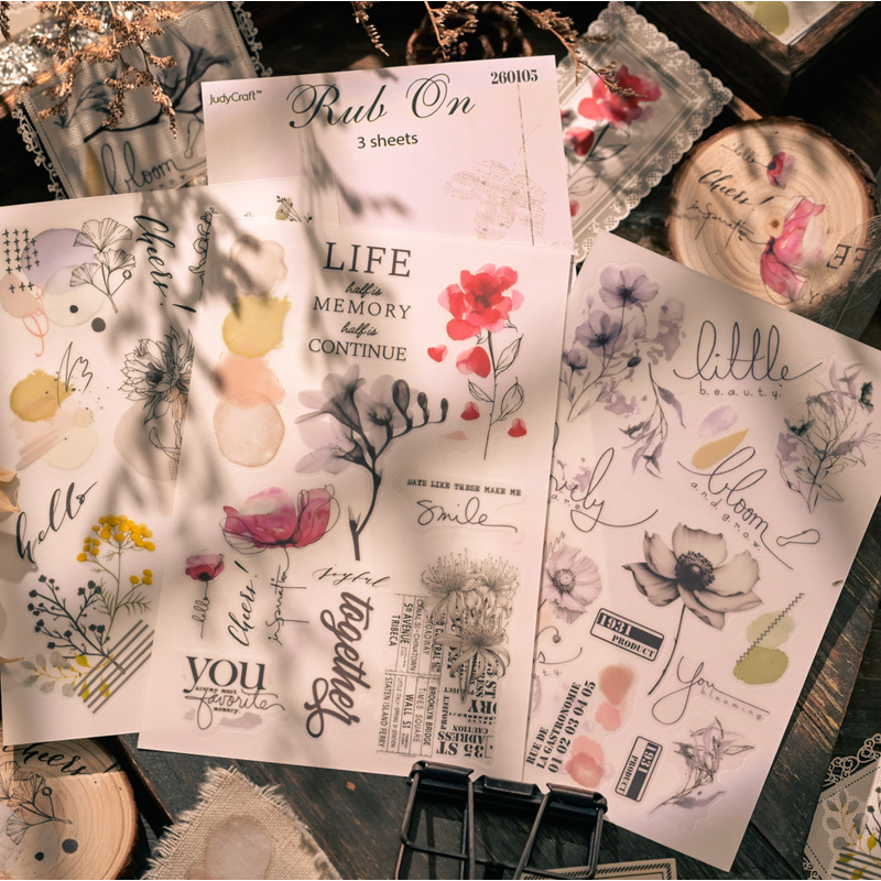 E-shop 3 Blätter Blumen-Transferaufkleber für Journaling, Scrapbooking, DIY-Collagen – Vintage Botanik Aquarell Transparent für Kunststoffoberflächen,
