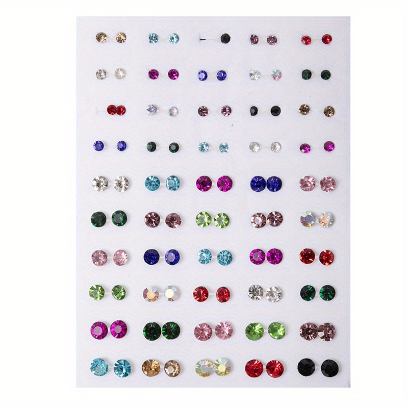 TEMU 50 Pairs Fashion Rhinestone Stud Earrings Set, Assorted Colors, Artificial Gem Plastic Earrings, , Hypoallergenic Ear Needle, With Jewelry Gift Set For Women, Suitable 15+