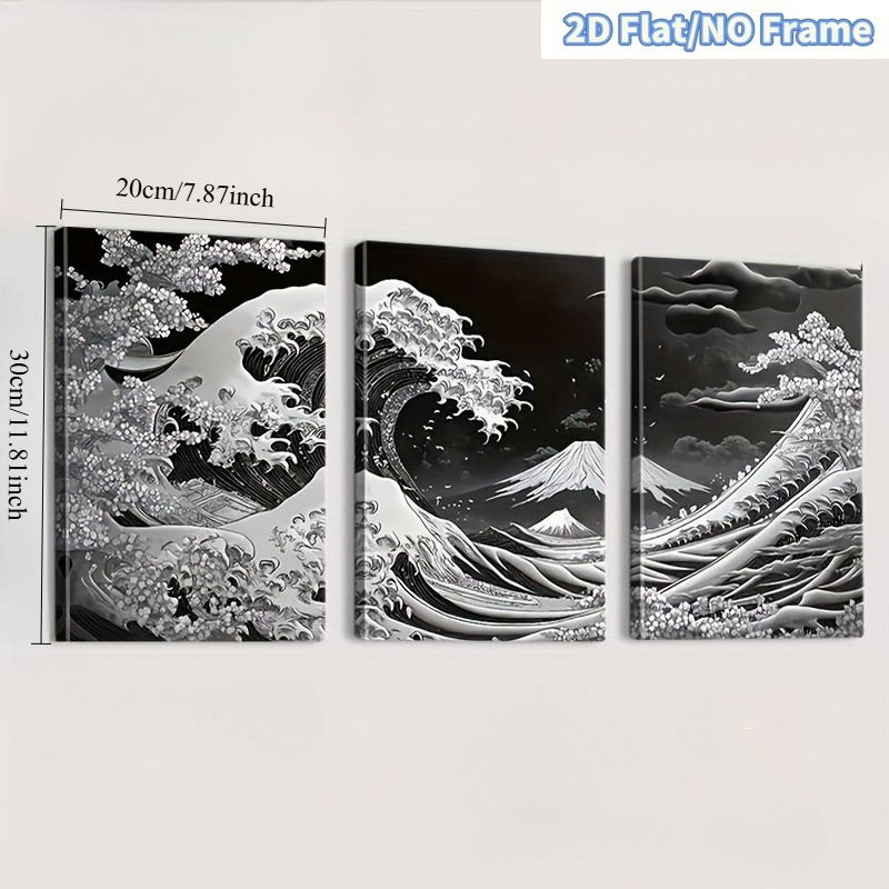 TEMU 2D Plat, 2D Plat, 3 pièces 2D Plat Cadre Style Japonais Monochrome Océanique Art, Décoration Intérieure, Art Mural, Décoration de Pièce, Cadeau