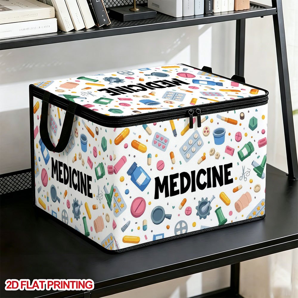 TEMU 1pc 2d Flat Foldable Zipper Storage Box, Featuring A Full-print Design With Cartoon Pills, Medicine Bottles, And Medical-related Elements.