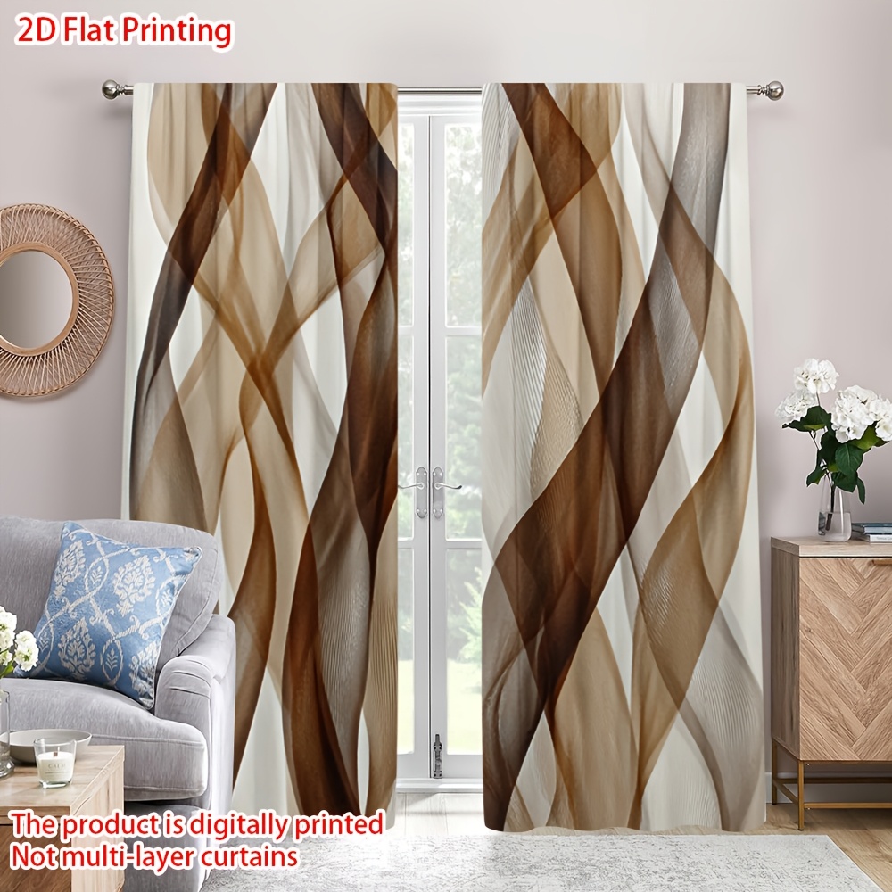 TEMU 2pcs Living Room Curtains, Hot Abstract Brown Wave Art Semi-blackout Curtains With Design- Room Decoration, Ideal For Living Room, Office, Cafe,