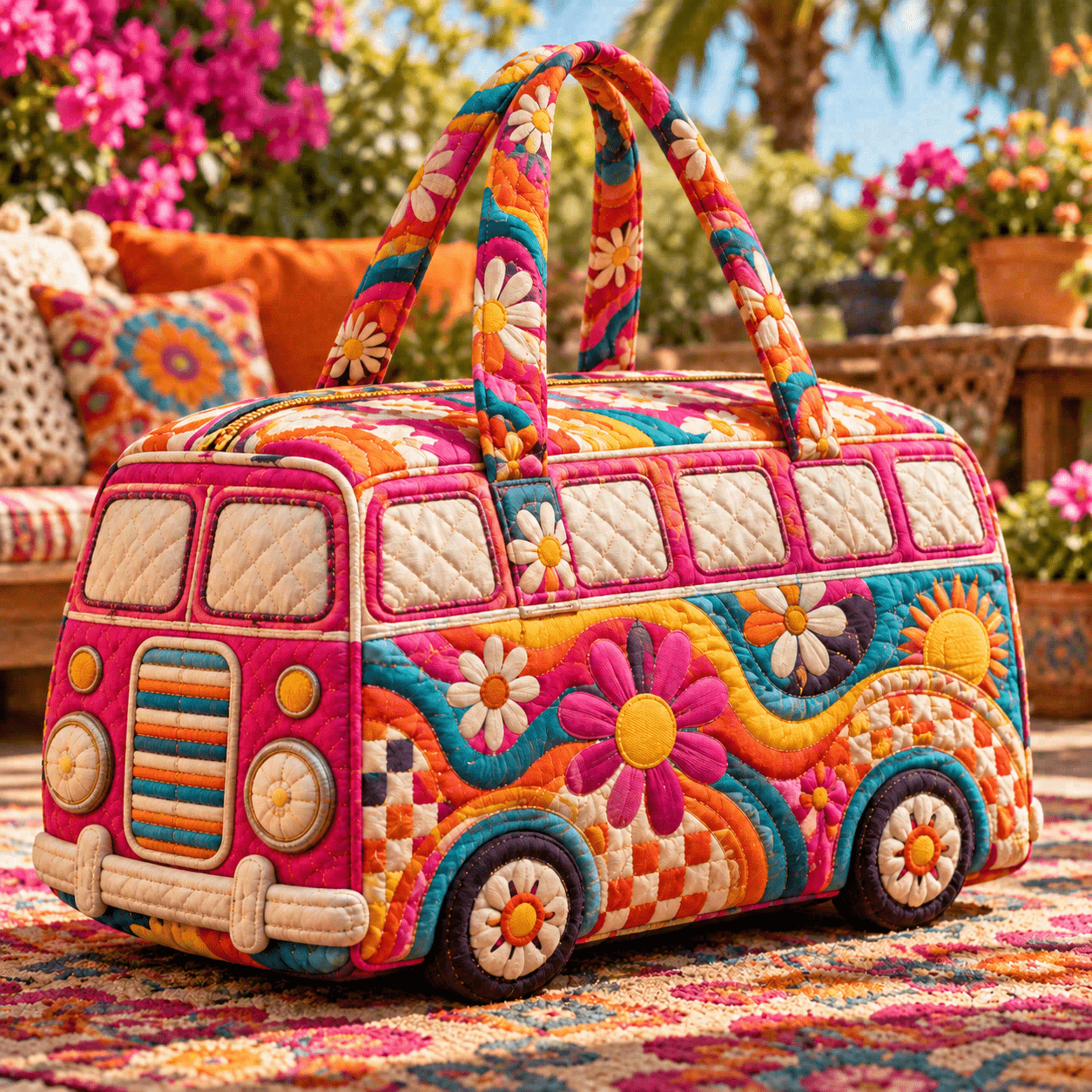 TEMU 1pc Quilted Printed Travel Duffle Bag, Rainbow Floral Boho Van Tote Bag, Large Capacity Women's Shoulder Handbag, Lightweight Weekender Carry On