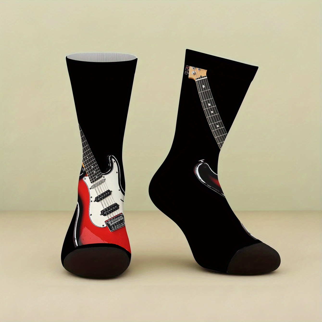 TEMU 1 Pair Of Printed Mid-calf Socks, Red And Guitar Diagonal Pattern High-quality Women's Socks, Autumn-winter New Comfortable Men's Fashion Socks,