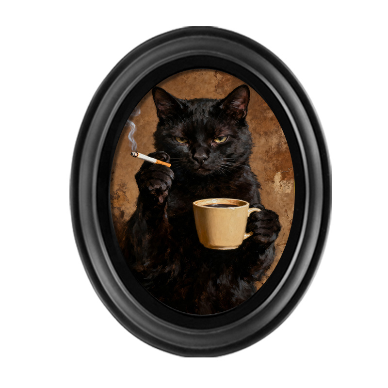 TEMU 2d Flat, 2d Flat, 1pc The Cat That Smokes Wall Art Wall Decoration Home Decor, Retro Style Frame Painting/ Oval Art Room Decoration Picture