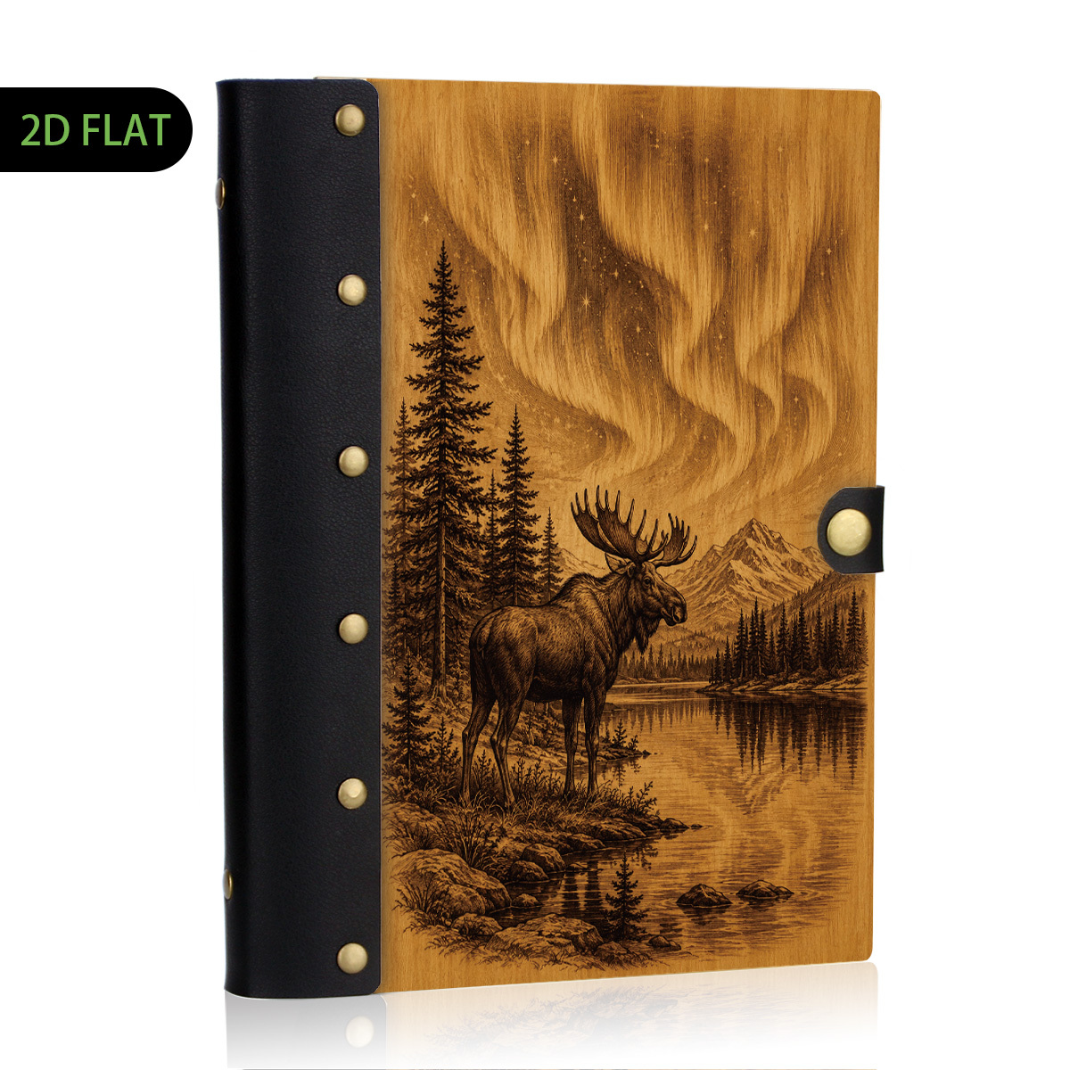 TEMU Carnet 1 pièce à couverture rigide en cuir et bois, plat 2D avec motif d', aurores boréales et , dessin au trait de montagne et forêt à grain de