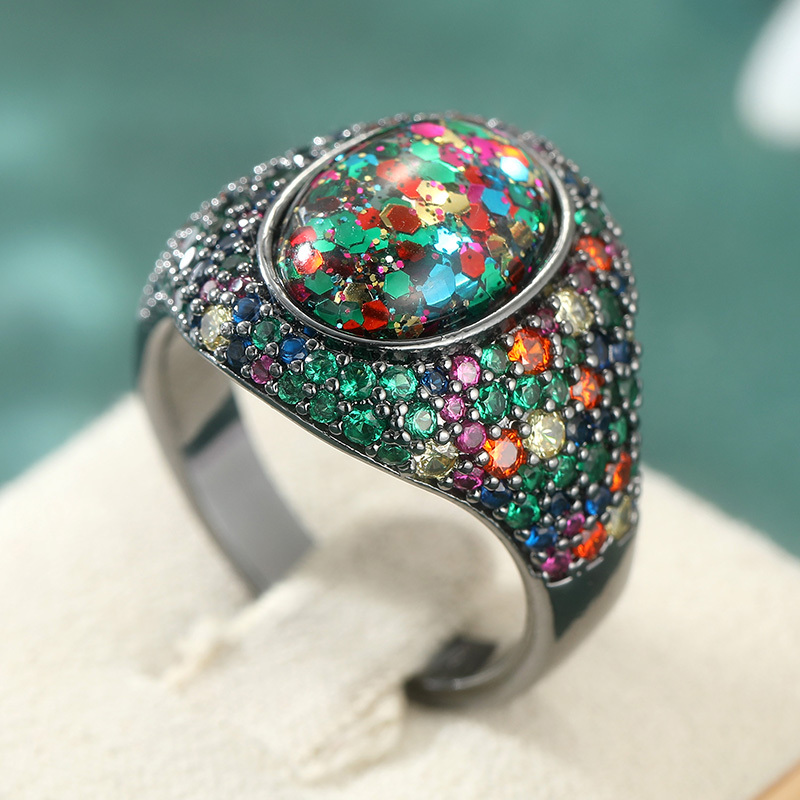 Women's Luxury Multicolored CZ Inlaid Black Geometry Ring