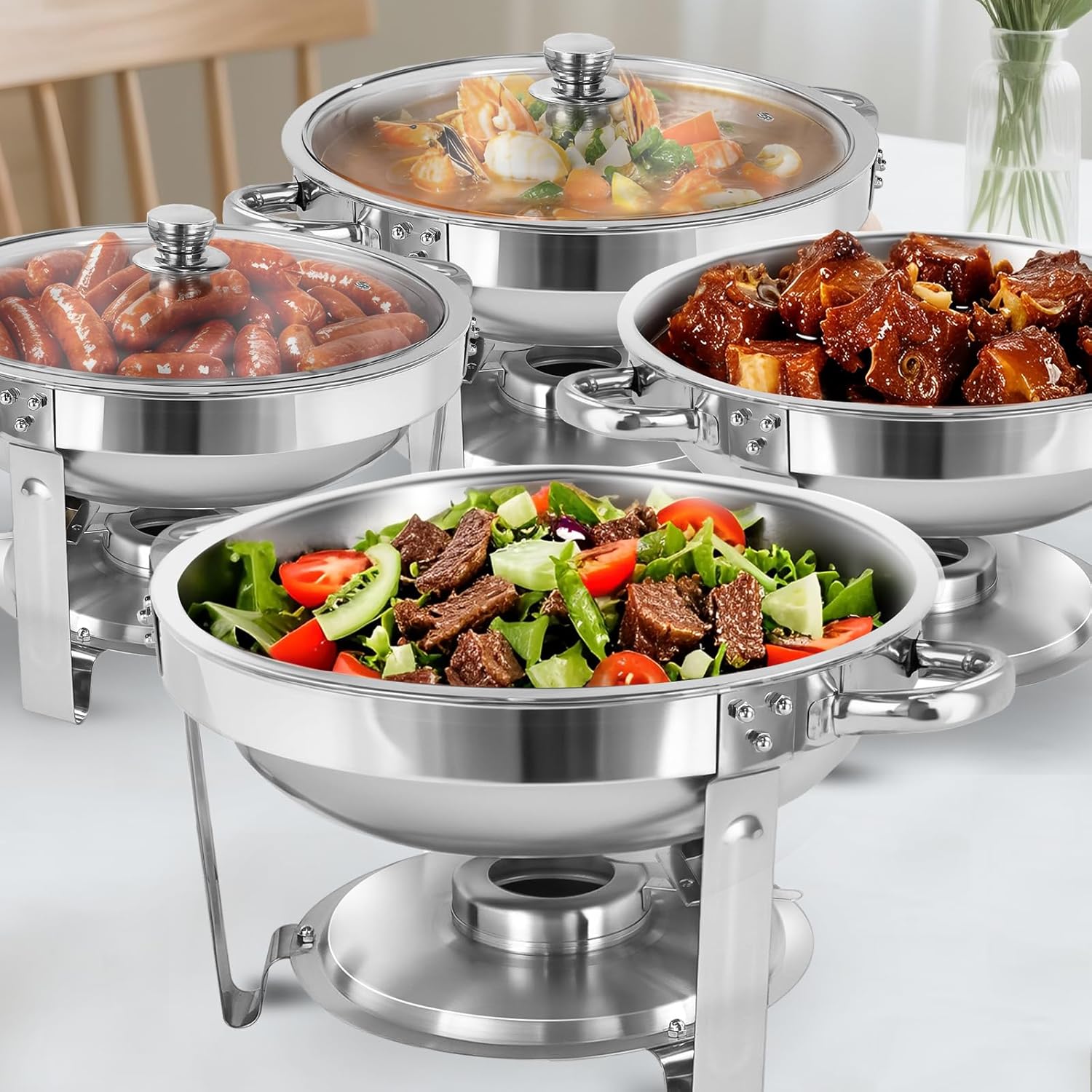 Image of 6qt Round Chafing Dish Set, 1/2/4 Pack Stainless Steel Chafing Dish Buffet Set With Glass Lids, Fuel Holder And Food & Water Pan, Chafers And Buffet Warmer Sets For Weddings Parties- Cooking