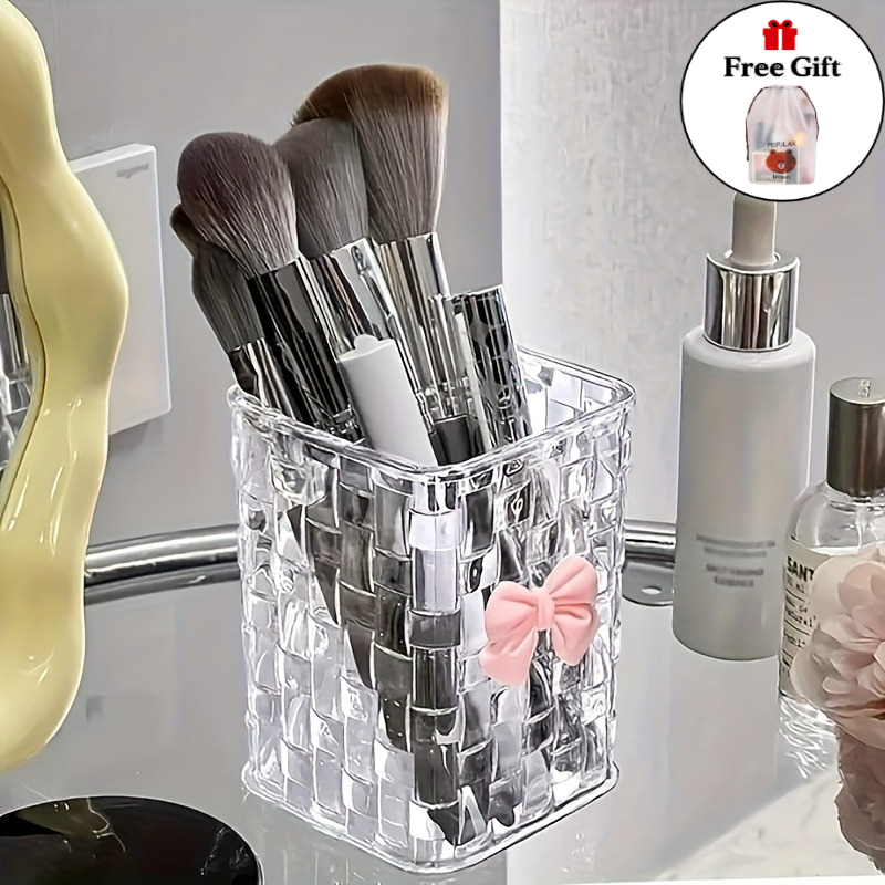 TEMU 1pc Storage Box And 1pc Storage Bag With Bow Decoration Makeup Brush Storage Box, Suitable For Office And Home, Desktop Pen Holder, Transparent