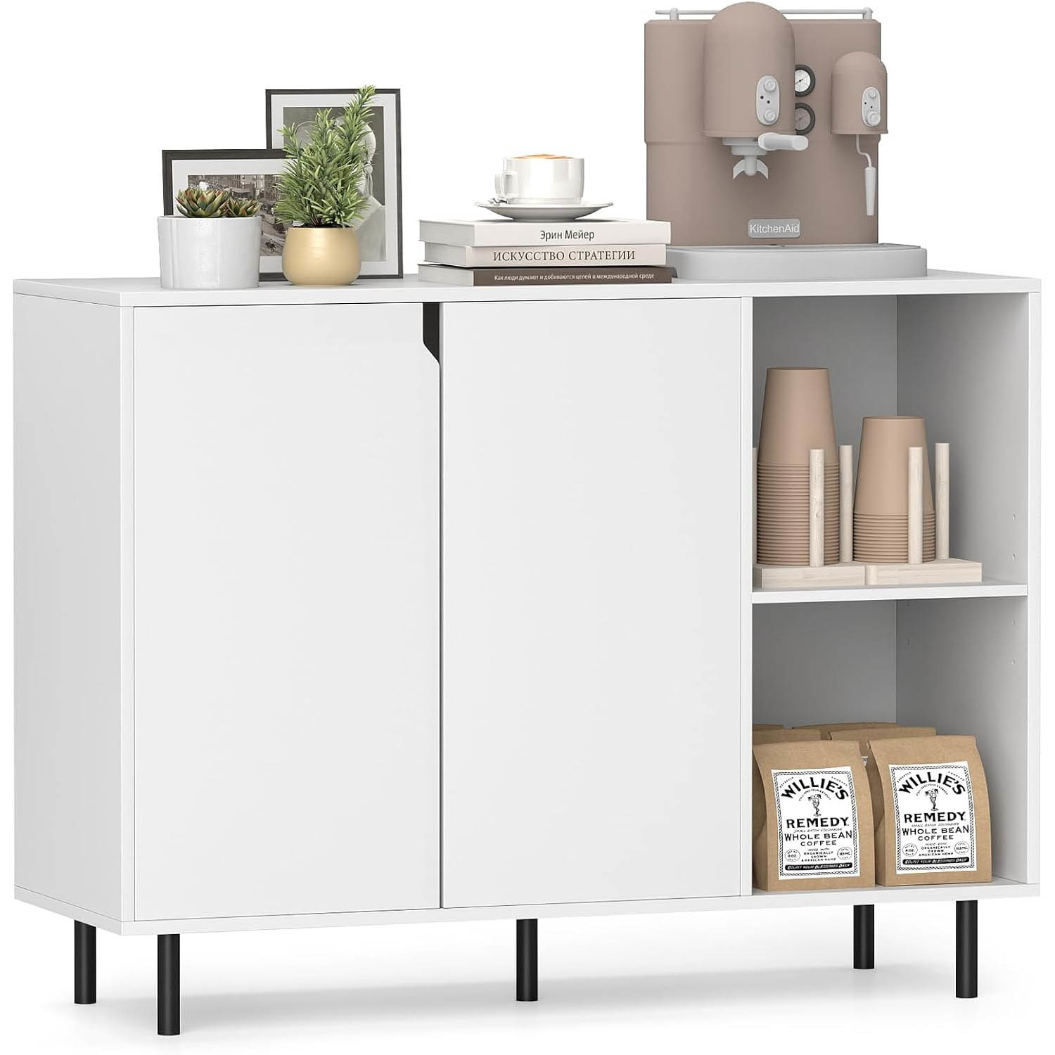 Image of Buffet Cabinet, Sideboard With 2 Doors, 2 Open Compartments And Adjustable Floors, Living Room Cabinet With 5 Raised Metal Legs, White